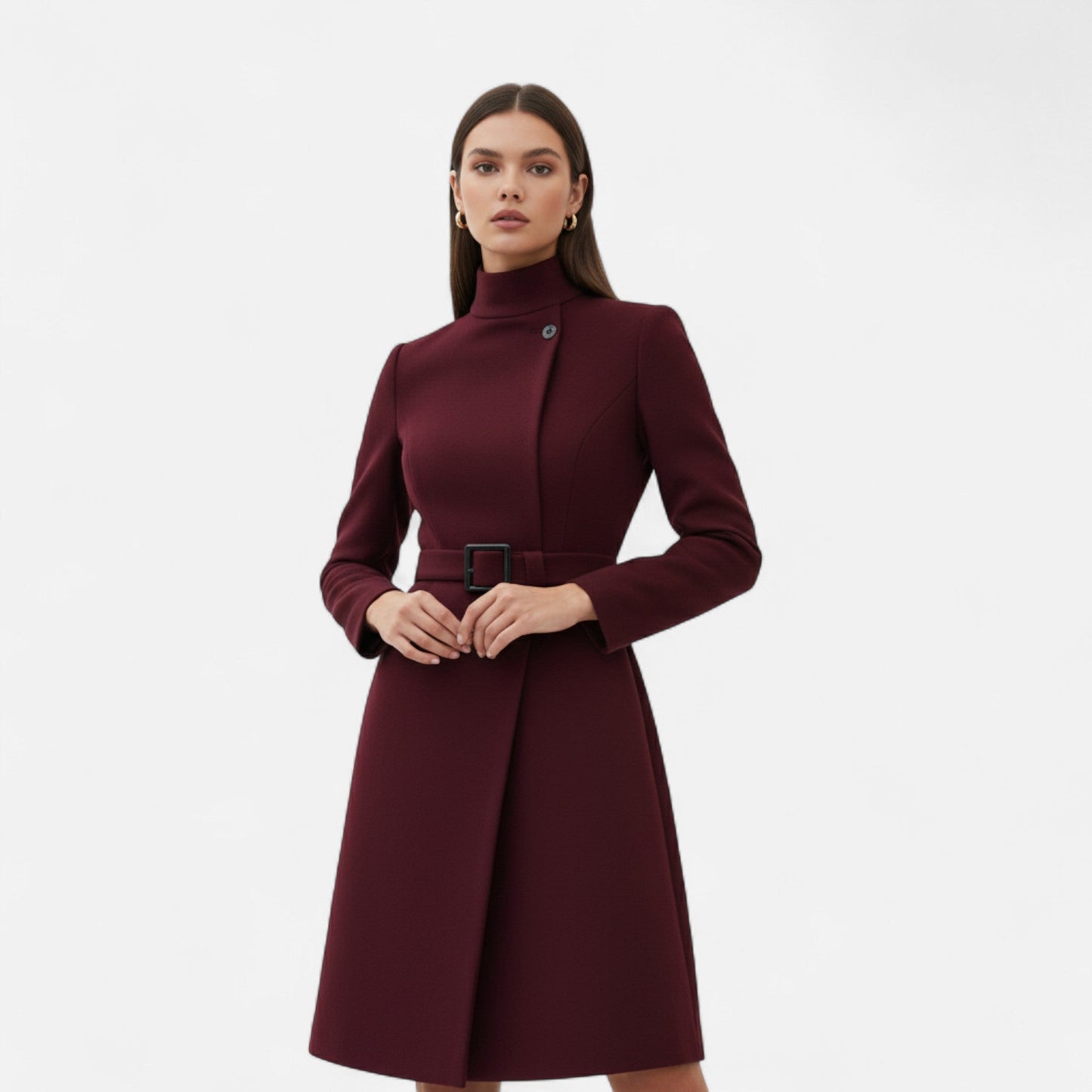 Elegant women's coat with belt and stand-up collar
