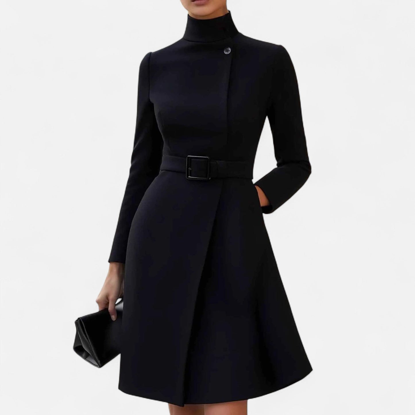 Elegant women's coat with belt and stand-up collar