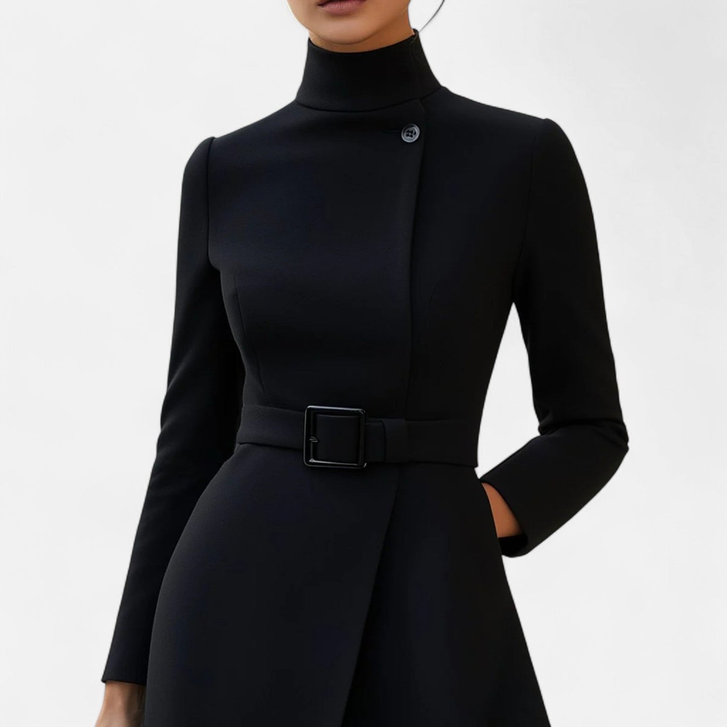 Elegant women's coat with belt and stand-up collar