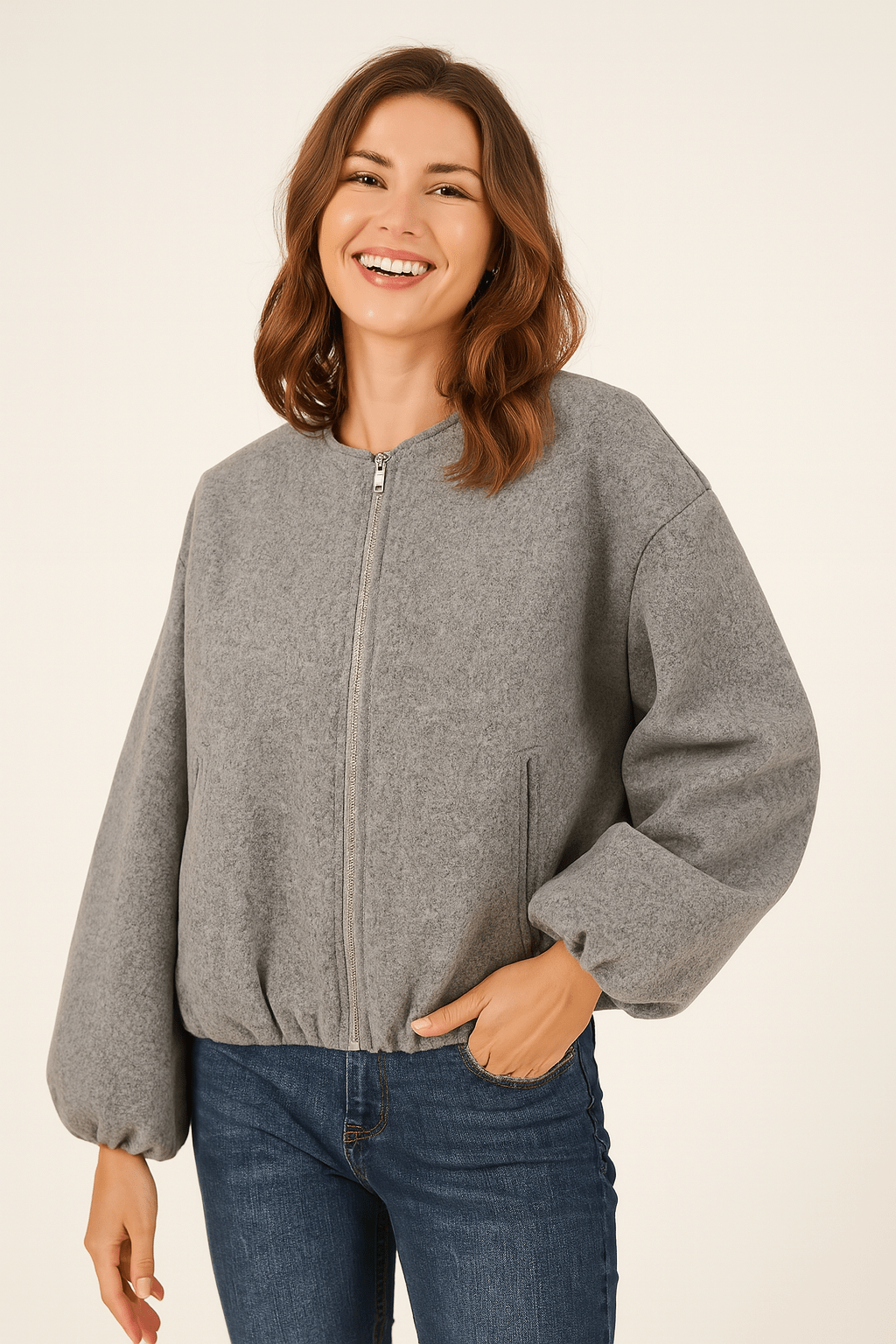 Emilia Reißverschlussjacke mit Ballonärmeln – Bequeme Übergangsjacke aus weichem Material 0