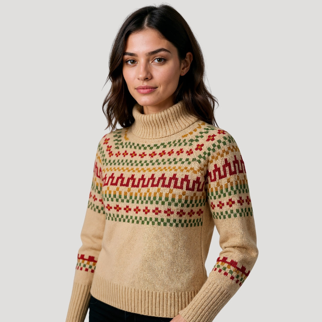 Women's knitted sweater with turtleneck and winter pattern warm and stylish for cold days