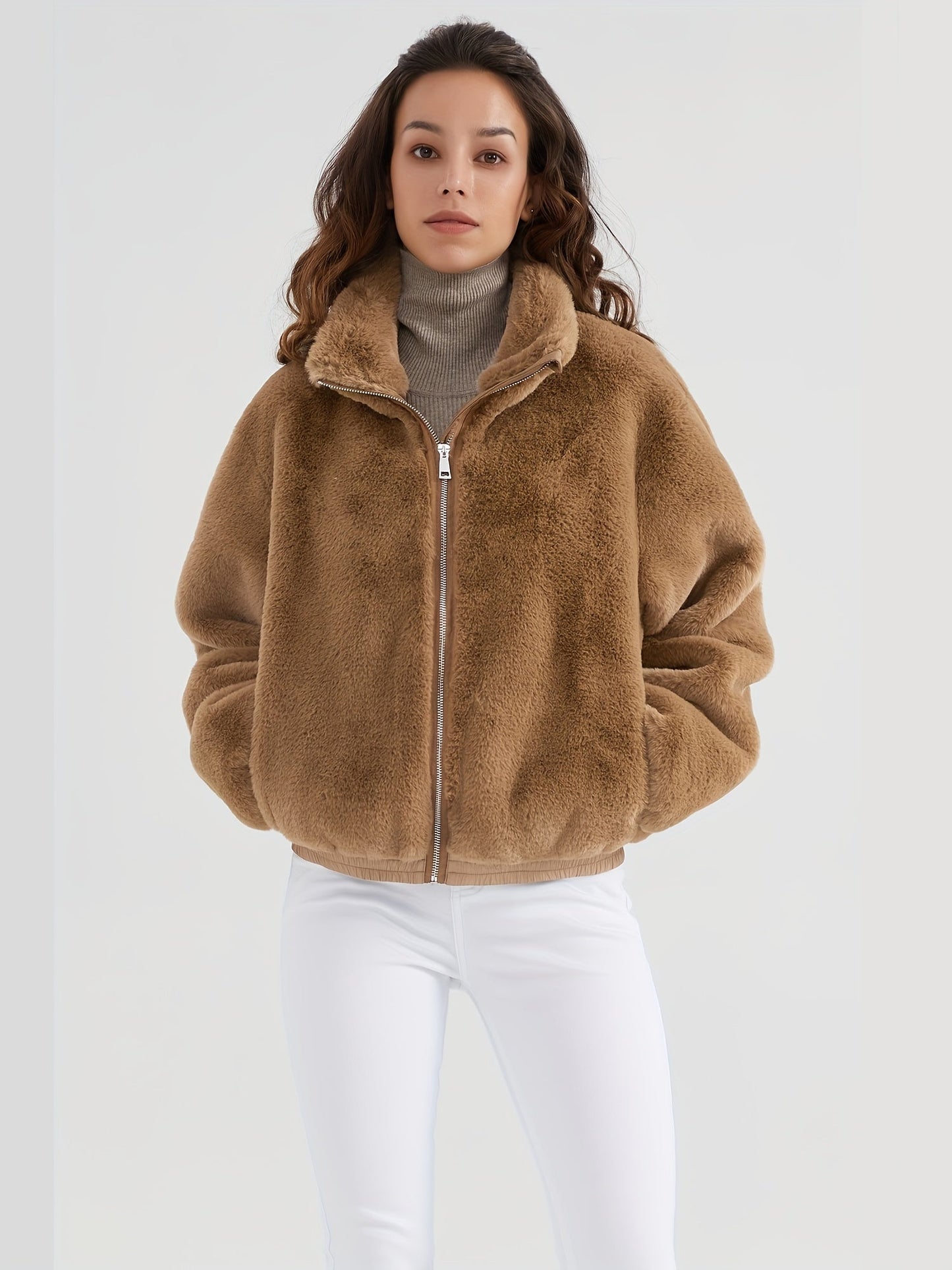 Flauschige Winterjacke Damen mit Hohem Kragen