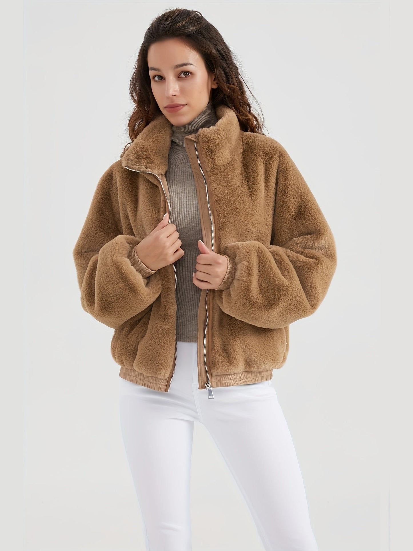Flauschige Winterjacke Damen mit Hohem Kragen