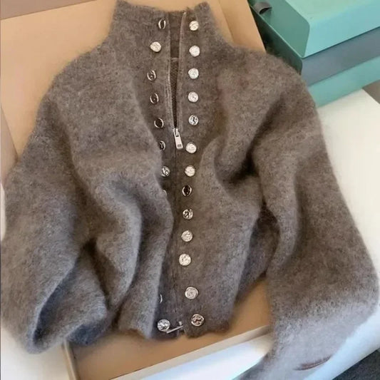Flauschiger Strickmantel für Frauen mit Reißverschluss