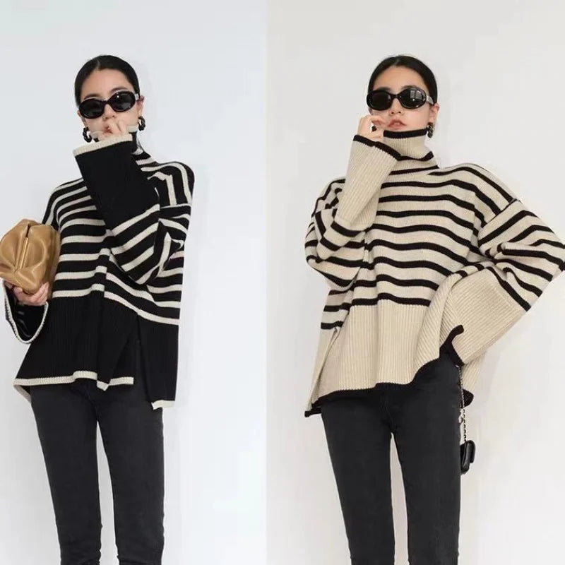 Maglione a collo alto a righe per donna