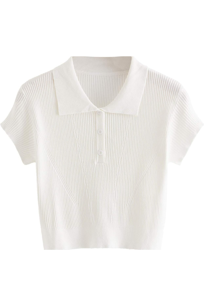 Knitted polo shirt women with polo collar and button placket