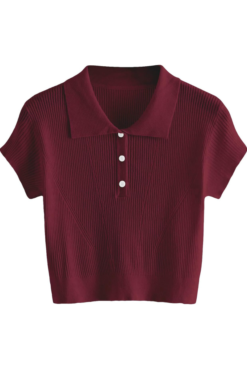 Knitted polo shirt women with polo collar and button placket
