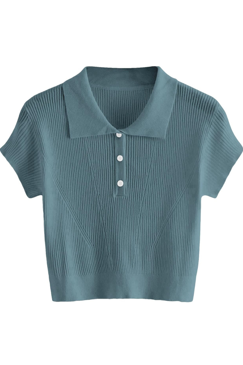 Knitted polo shirt women with polo collar and button placket