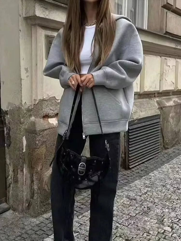 Giacca grigia da donna con cappuccio