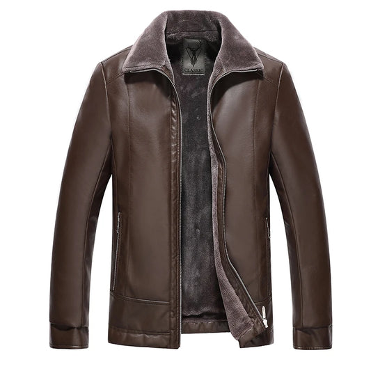 Herren Lederjacke mit Fleece-Futter und Dickem Fellkragen