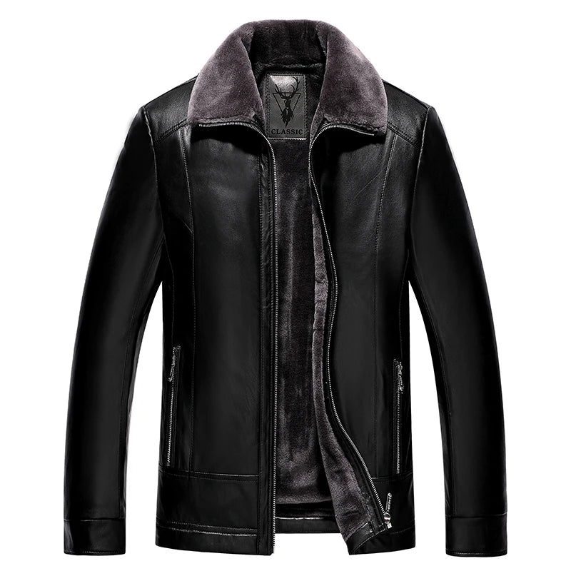 Herren Lederjacke mit Fleece-Futter und Dickem Fellkragen