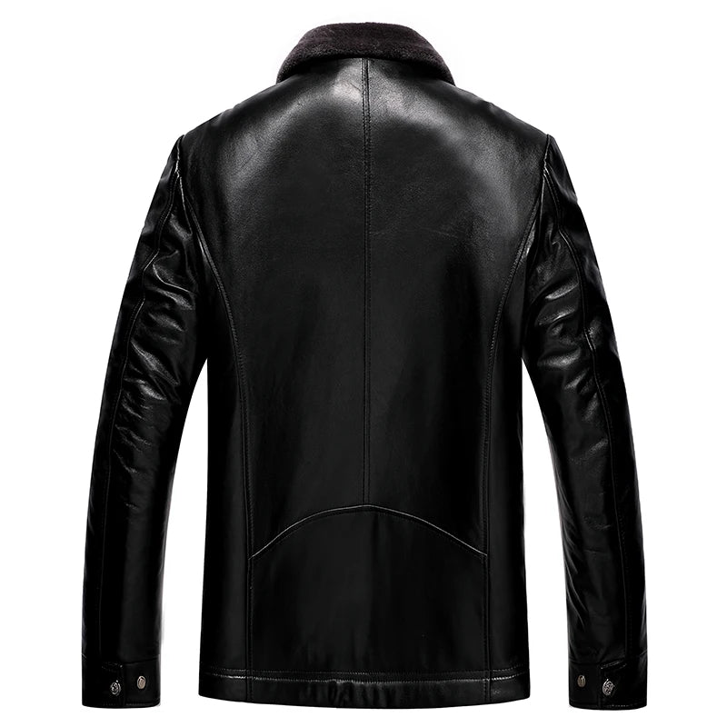 Herren Lederjacke mit Fleece-Futter und Dickem Fellkragen
