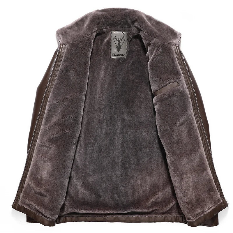 Herren Lederjacke mit Fleece-Futter und Dickem Fellkragen