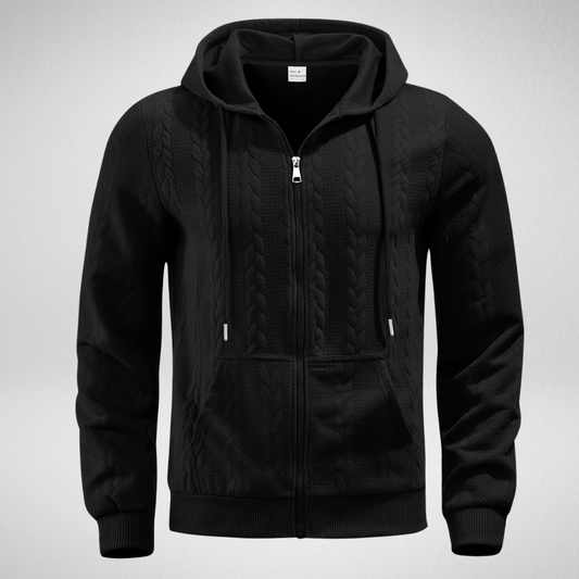 Herren Zip Hoodie mit Zopfmuster – Bequemer Kapuzenpullover für Herbst, Normale Passform, Reißverschluss, Praktische Taschen 0