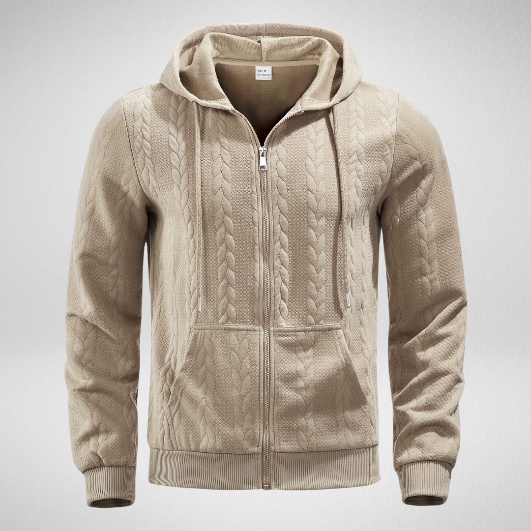 Herren Zip Hoodie mit Zopfmuster – Bequemer Kapuzenpullover für Herbst, Normale Passform, Reißverschluss, Praktische Taschen 1