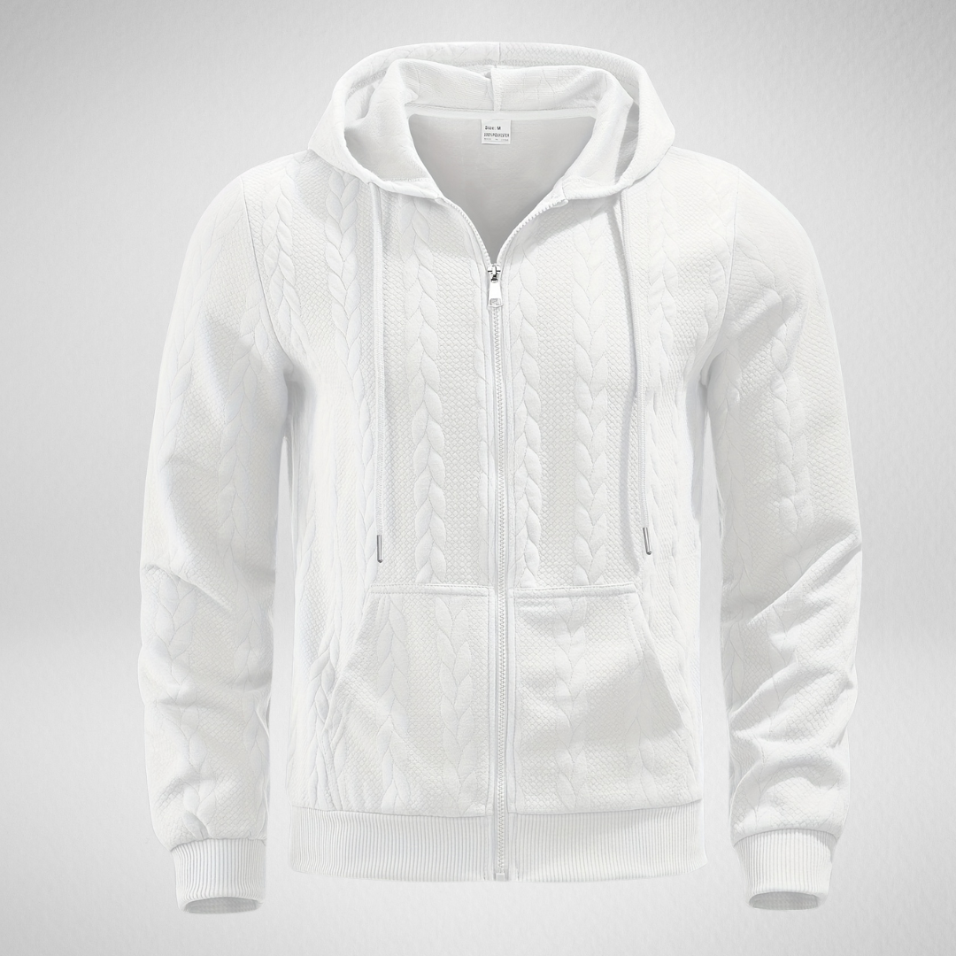 Herren Zip Hoodie mit Zopfmuster – Bequemer Kapuzenpullover für Herbst, Normale Passform, Reißverschluss, Praktische Taschen 2