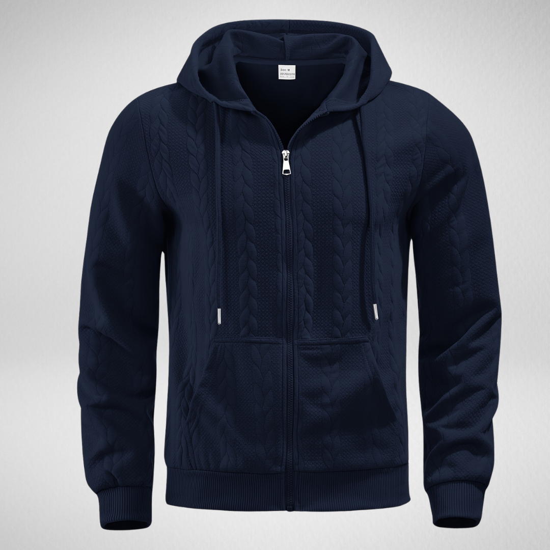 Herren Zip Hoodie mit Zopfmuster – Bequemer Kapuzenpullover für Herbst, Normale Passform, Reißverschluss, Praktische Taschen 3