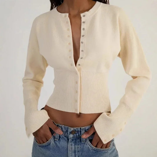 Hochtaillierte Strickjacke Damen mit Rundhalsausschnitt