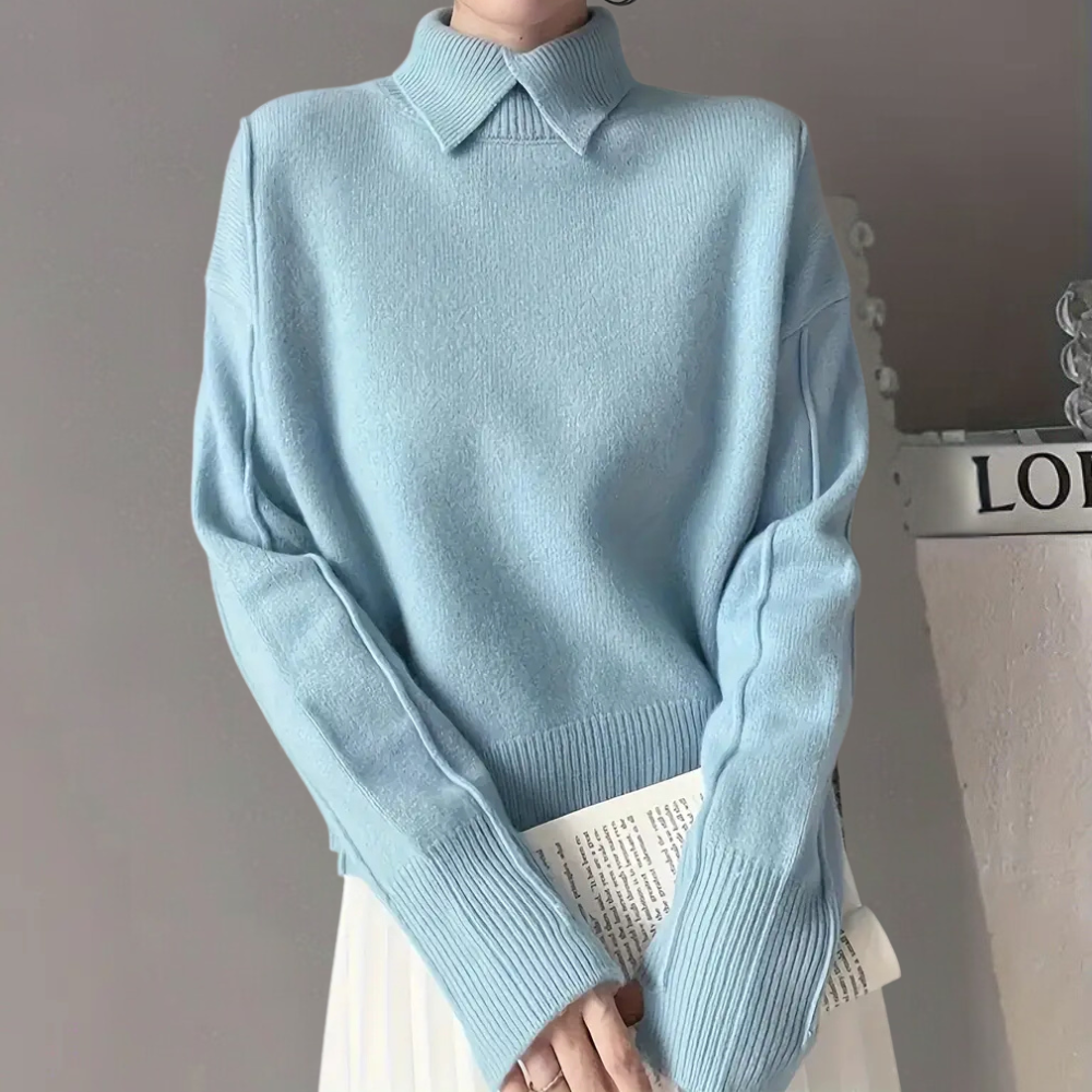 Maglione lavorato a maglia di alta qualità da donna – Design senza tempo in albicocca, azzurro cielo e bianco