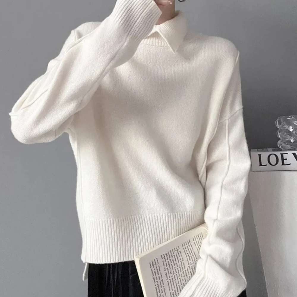 Maglione lavorato a maglia di alta qualità da donna – Design senza tempo in albicocca, azzurro cielo e bianco