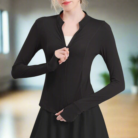 Langarm-Yogajacke mit Reißverschluss und Daumenlöchern für Frauen – Flexibles Spandex-Material 0