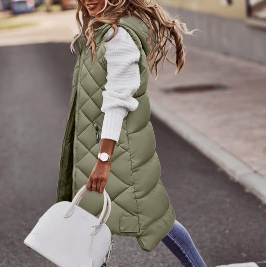 Lange Damen Puffer Bodywarmer mit Kapuze