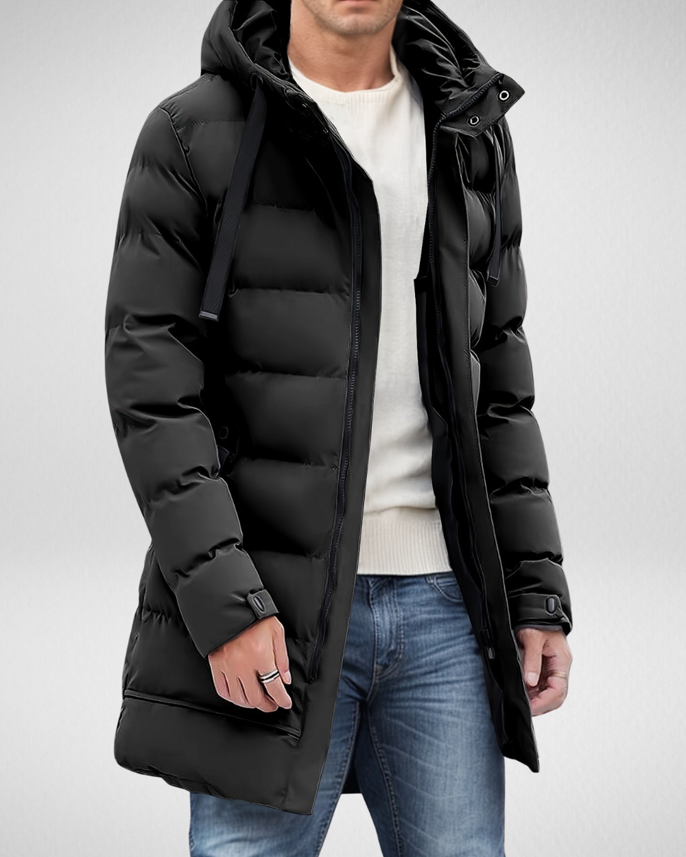 Lange Wattierte Herren Winterjacke – Wasserdicht mit Kapuze und Praktischen Taschen für Optimalen Kälteschutz 0