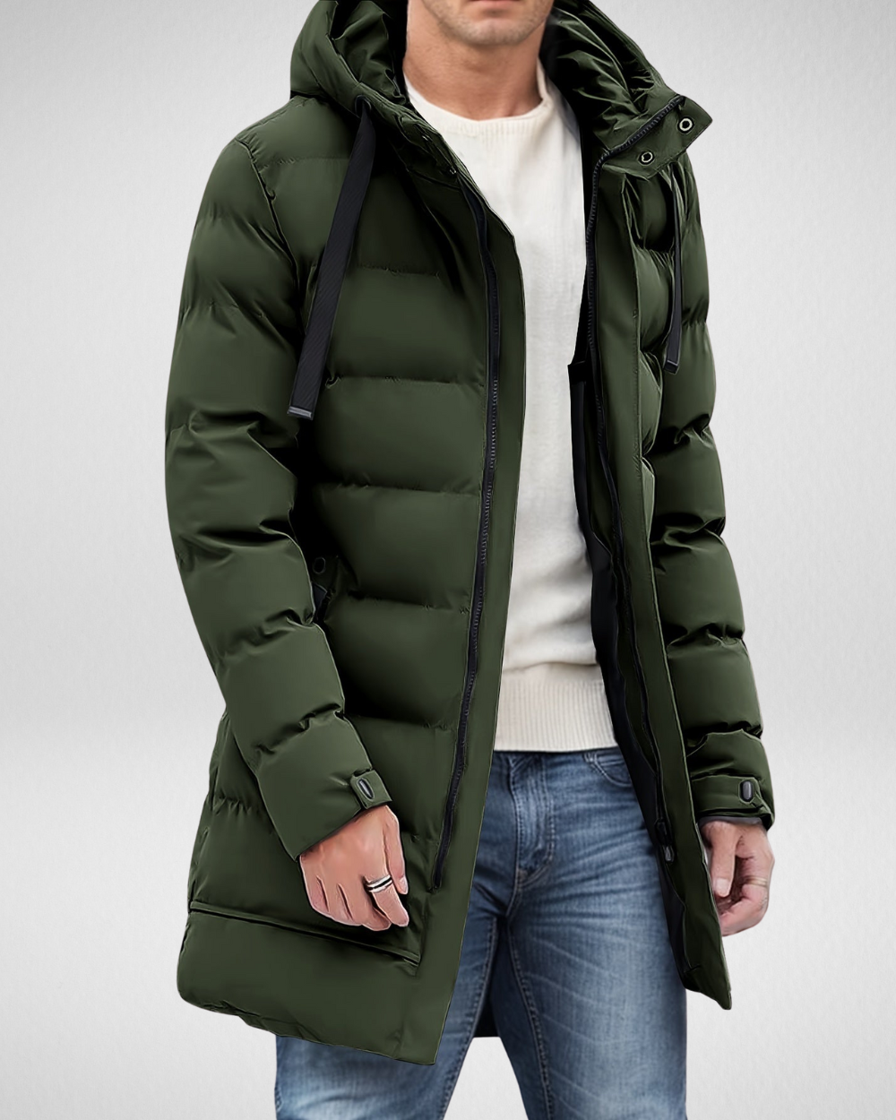 Lange Wattierte Herren Winterjacke – Wasserdicht mit Kapuze und Praktischen Taschen für Optimalen Kälteschutz 1