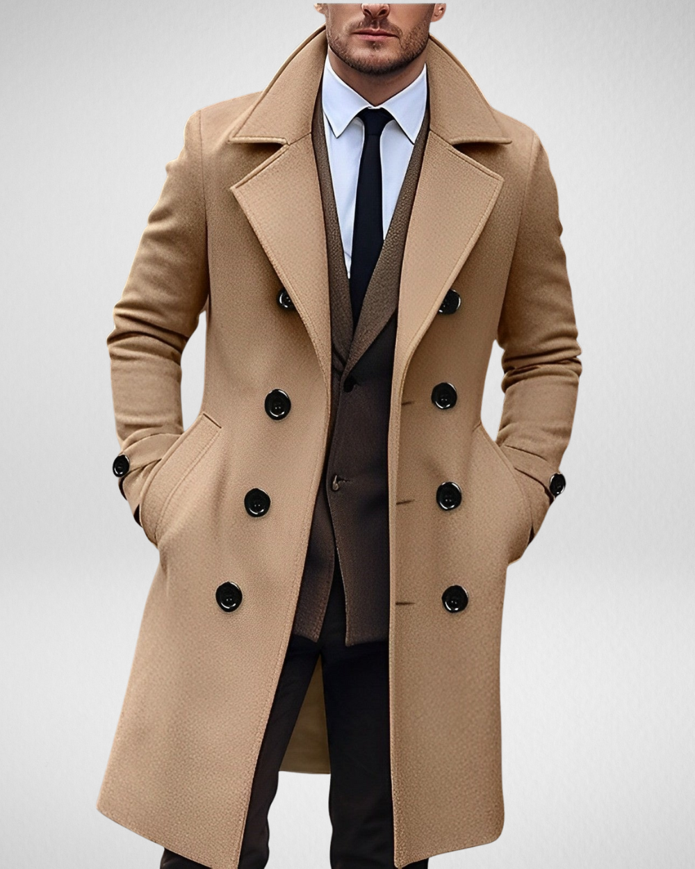 Langer Herrenmantel aus Wollmischung – Eleganter Wintermantel für kalte Tage, Maßgeschneiderte Passform, Zweireihiger Knopfverschluss 0