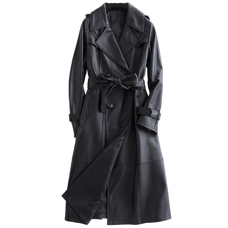 Cappotto in pelle sintetica lunga da donna con cintura in vita regolabile