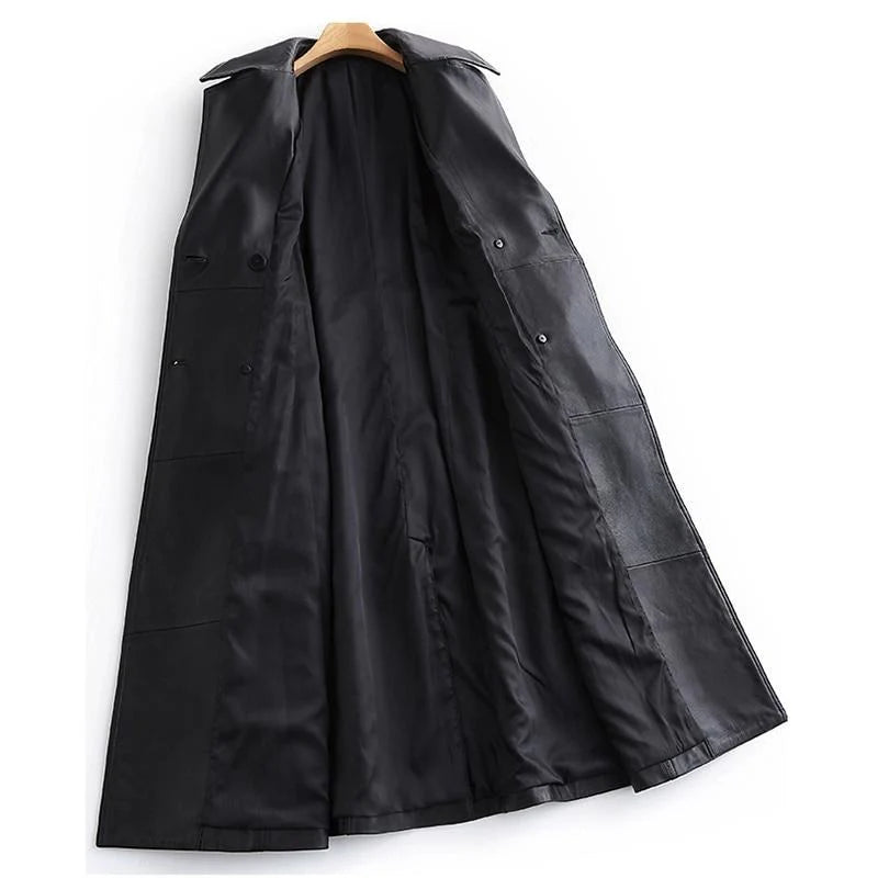 Cappotto in pelle sintetica lunga da donna con cintura in vita regolabile