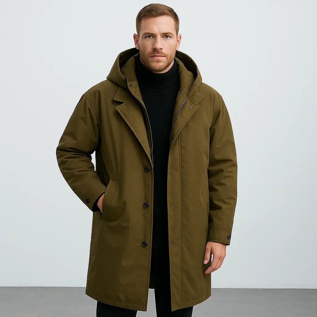 Langer wasserdichter Puffer-Trenchcoat für Herren mit Kapuze – Optimaler Wetterschutz 0