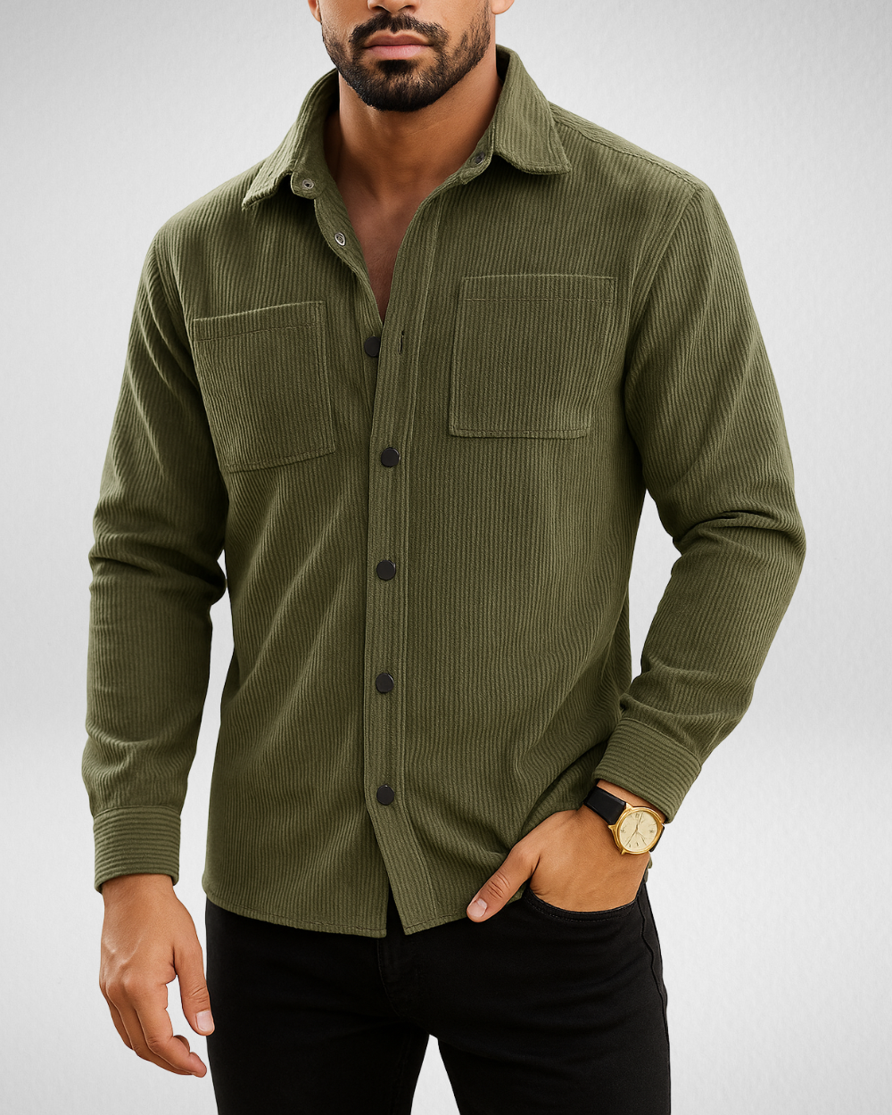 Lässiges Cord-Overshirt für Männer mit Brusttaschen und Knopfverschluss – Bequemes Hemd aus 100% Polyester für Frühling und Herbst 0