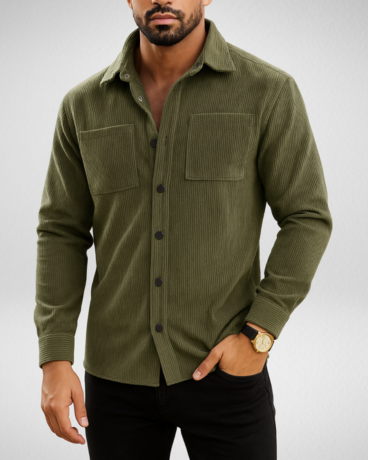 Lässiges Cord-Overshirt für Männer mit Brusttaschen und Knopfverschluss – Bequemes Hemd aus 100% Polyester für Frühling und Herbst 0