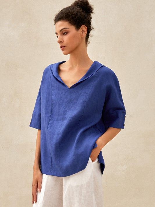 Leichtes Leinen V-Ausschnitt T-Shirt Damen