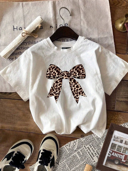 Leopard Bow Print T-Shirt für Damen