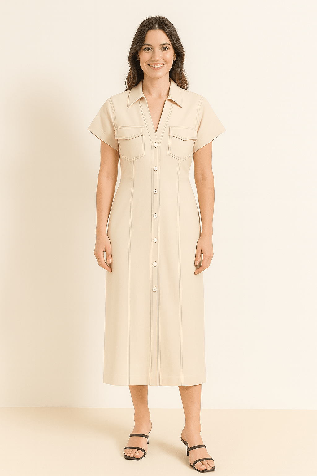 Midi-Hemdkleid für Damen mit Knopfleiste und Taillierung – Eleganter Retro-Stil, Baumwollmix, Verschiedene Farben, S-XL 0