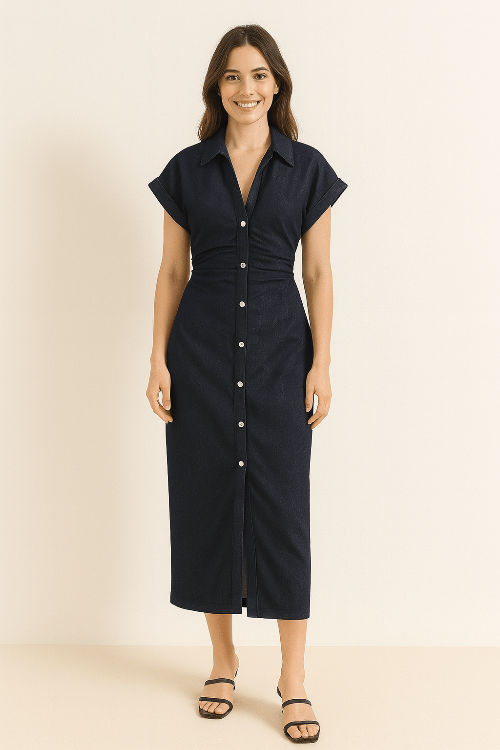 Midi-Hemdkleid für Damen mit Knopfleiste und Taillierung – Eleganter Retro-Stil, Baumwollmix, Verschiedene Farben, S-XL 2