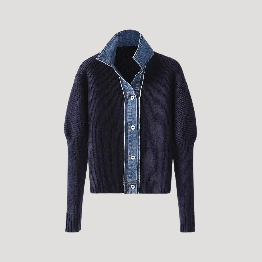 Women's sweater with denim collar and button placket