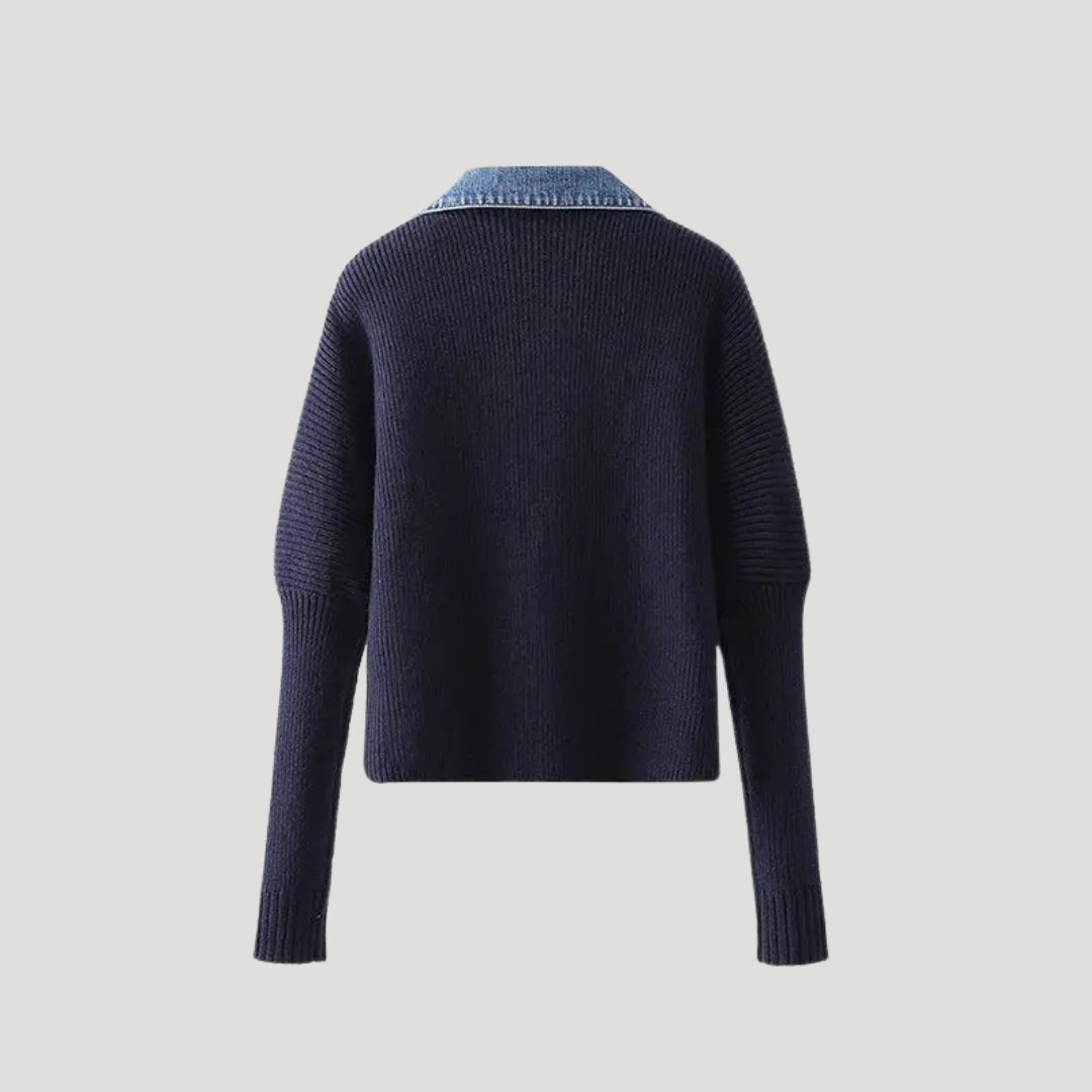 Women's sweater with denim collar and button placket