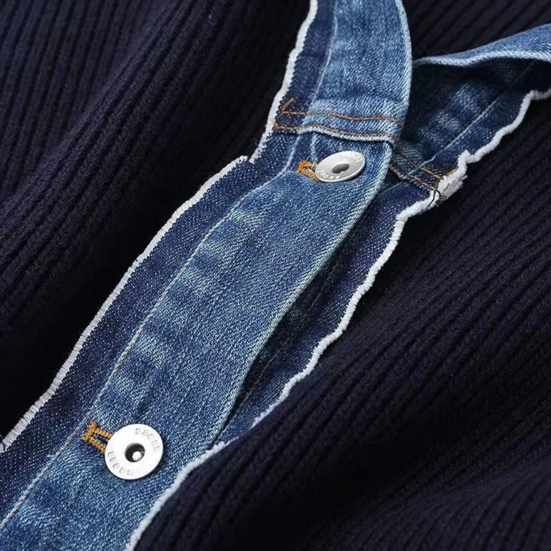 Women's sweater with denim collar and button placket