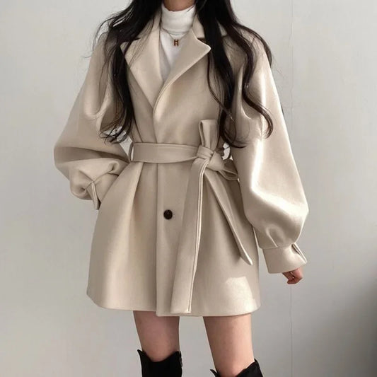 Retro wool coat women with belt and lantern sleeves