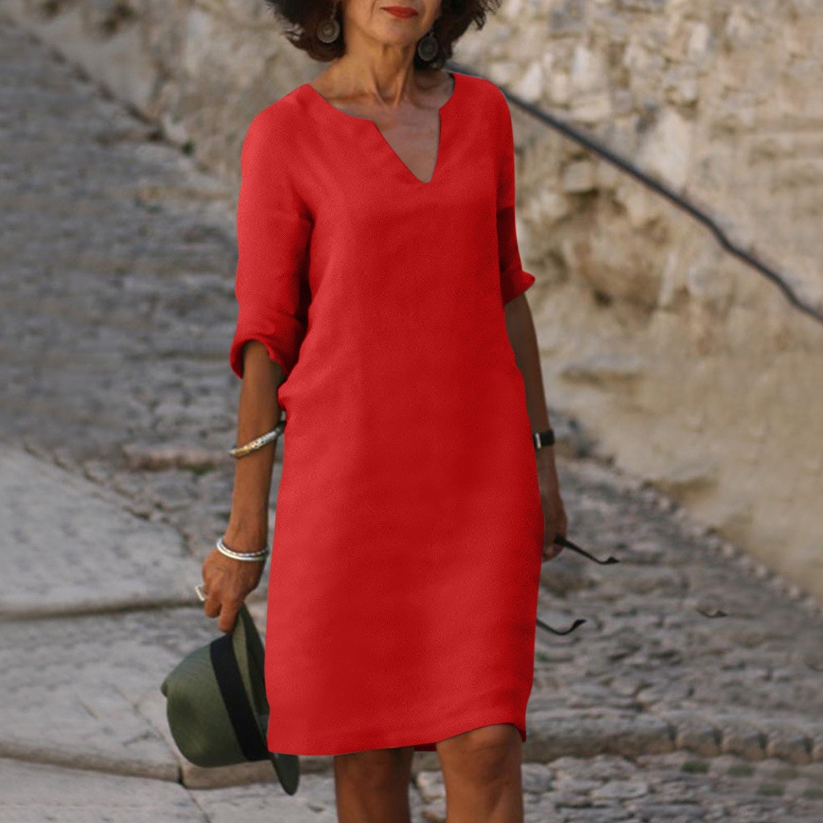 Variant image for Damen Kleid V-Ausschnitt Grün Größe M Baumwolle-49
