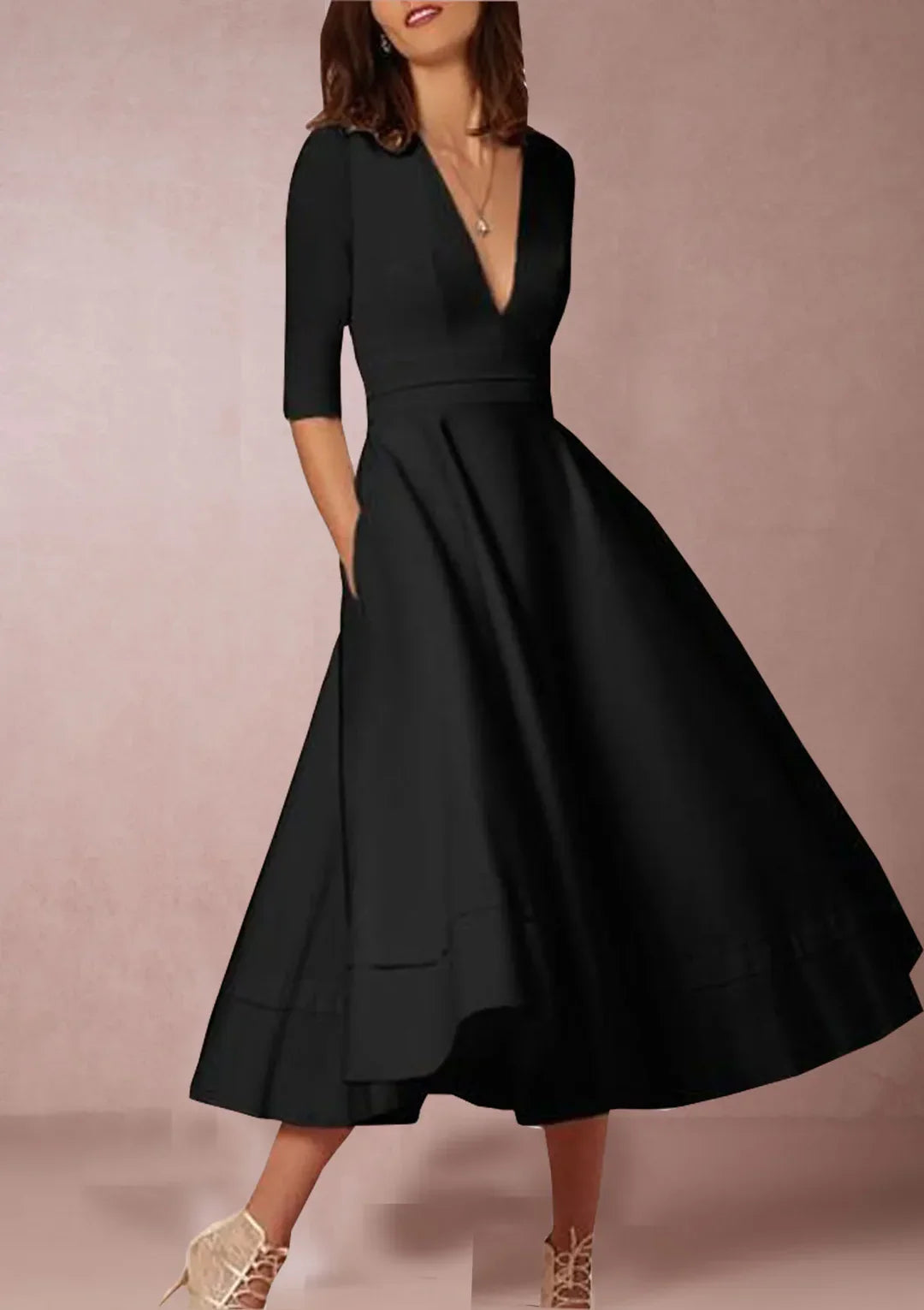Variant image for Beatrix | Elegantes Midikleid für Damen, Festliche A-Linie mit V-Ausschnitt-43