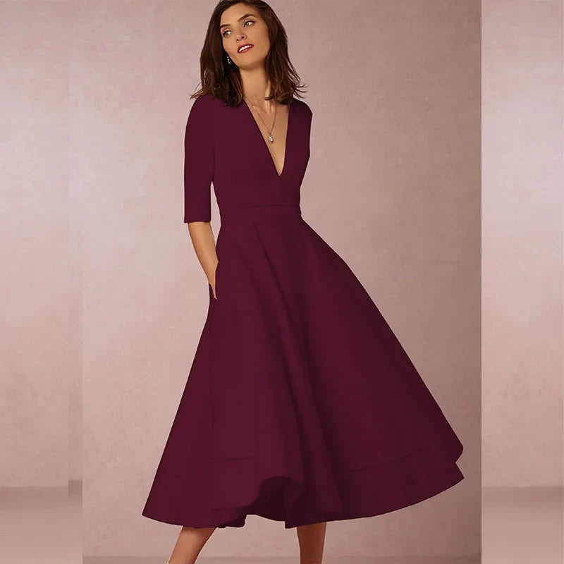 Variant image for Beatrix | Elegantes Midikleid für Damen, Festliche A-Linie mit V-Ausschnitt-37