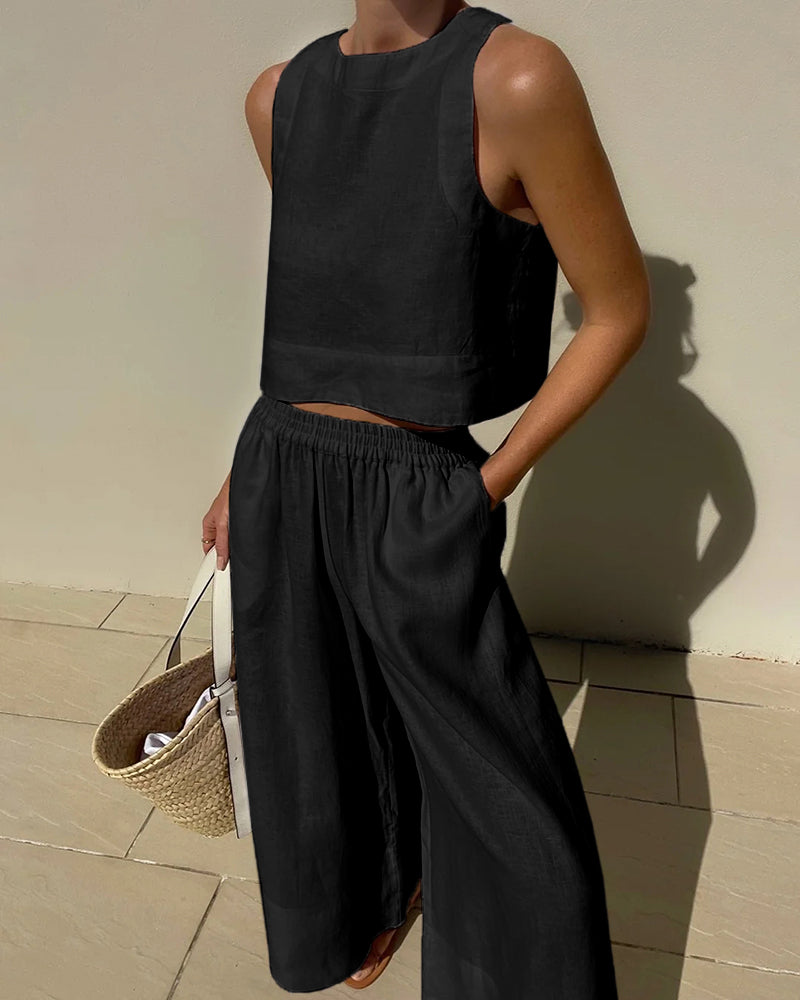 Variant image for Estrella | Zweiteiliges Leinen Set für Damen – Crop-Top und Weite Hose-13