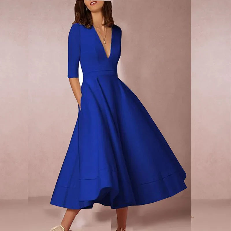 Variant image for Beatrix | Elegantes Midikleid für Damen, Festliche A-Linie mit V-Ausschnitt-31