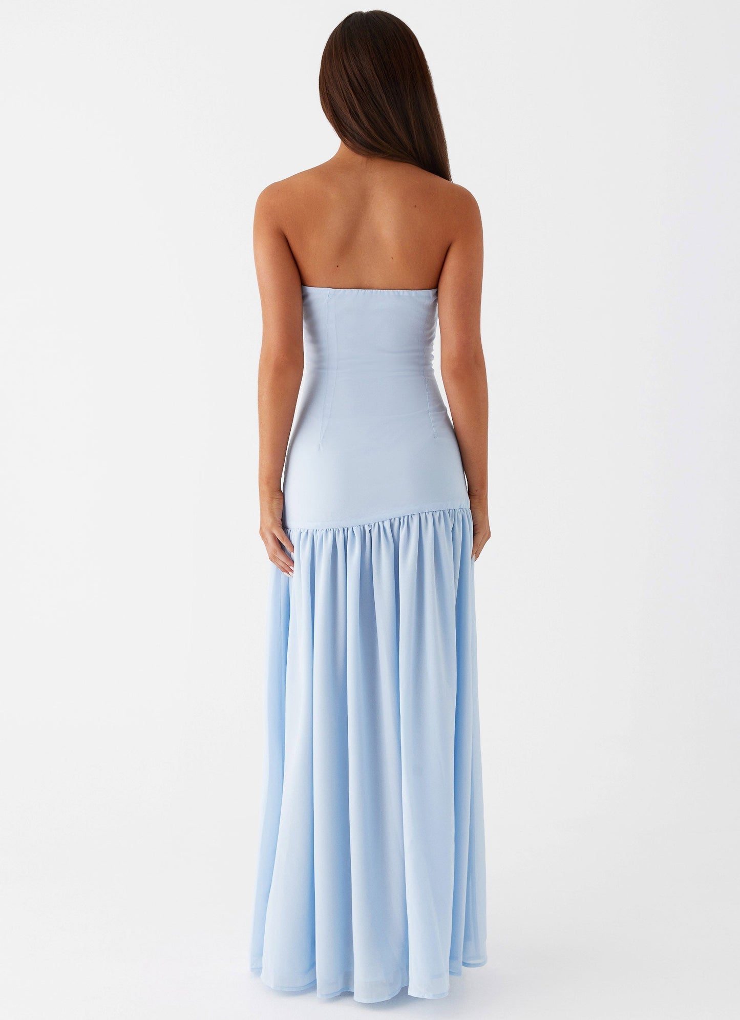 Off-shoulder maxi dress in light blue with high slit