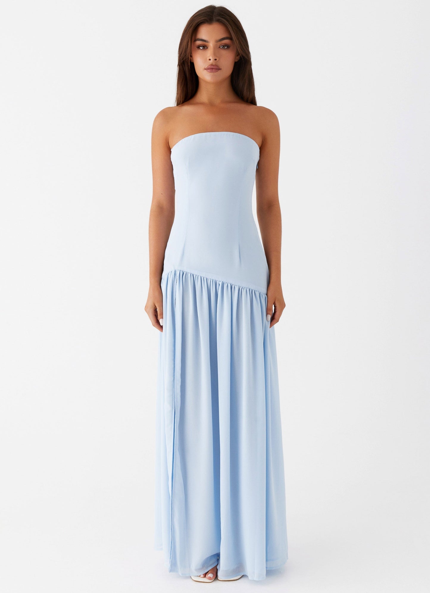 Off-shoulder maxi dress in light blue with high slit