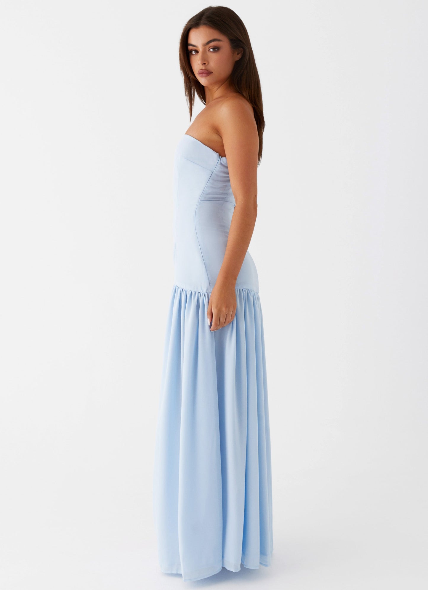 Off-shoulder maxi dress in light blue with high slit